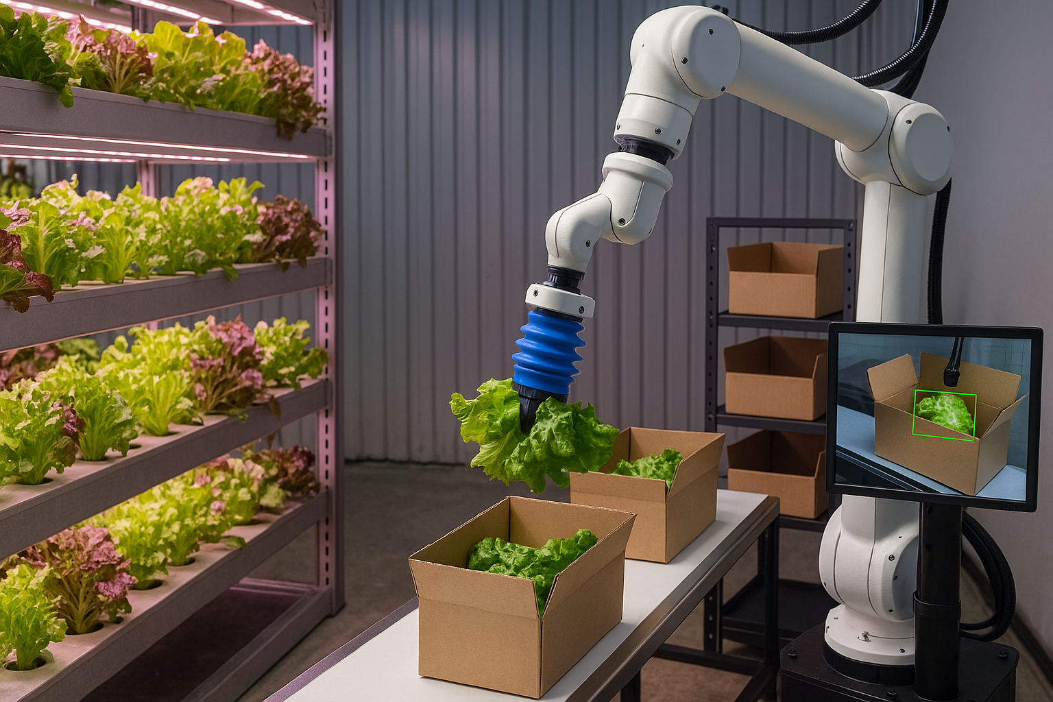 A high-resolution photo showing an indoor vertical farm where a SOMARICS Robotics soft gripper automates the packaging of freshly harvested greens into eco-friendly boxes.