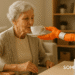 An elderly woman sits in a cozy living room while a SOMARICS soft robotic arm gently assists her in drinking tea from a white porcelain cup.