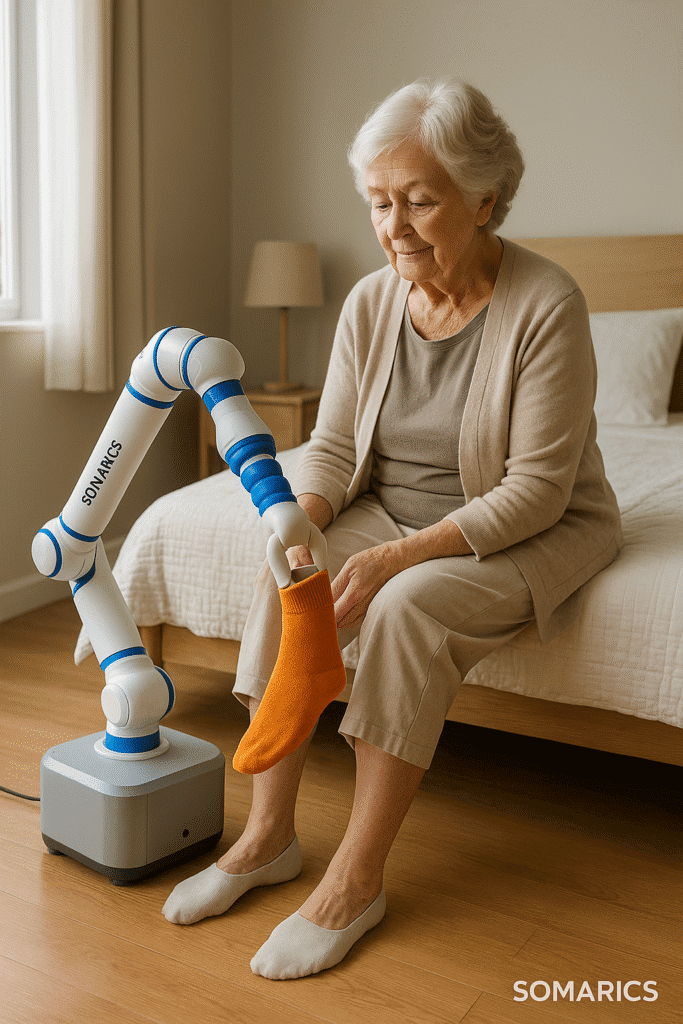 An elderly woman sits on her bed as a SOMARICS soft robotic arm gently assists her in putting on an orange sock, in a bright and peaceful bedroom.
