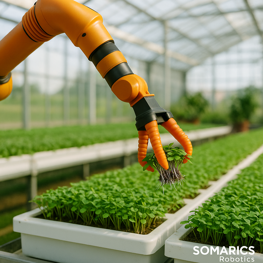 A SOMARICS soft robotic arm gently harvesting microgreens in a hydroponic greenhouse, with the SOMARICS Robotics label shown in the corner.