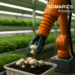 A soft robotic arm gently harvesting microgreens inside a high-tech vertical farm, showcasing precision without damaging delicate plants.