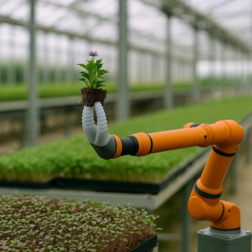 A soft robotic arm with orange flexible grippers harvesting edible microgreens in a semi-open hydroponic greenhouse.