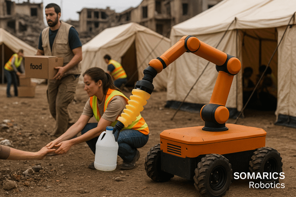 A SOMARICS mobile robot with a soft robotic arm delivers a water jug to aid workers in a refugee camp, surrounded by tents and destroyed buildings.