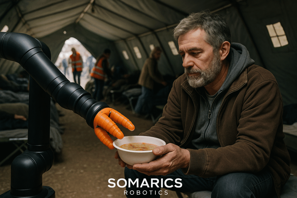 A SOMARICS soft robotic arm delivers a bowl of soup to a middle-aged man seated in a disaster relief tent.