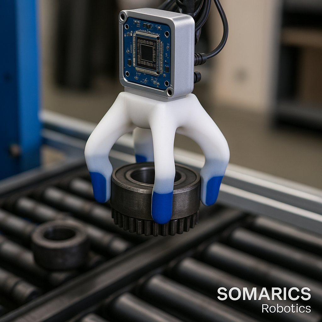 Autonomous SOMARICS soft robotic gripper with integrated electronics precisely handling a cylindrical metal gear component on a conveyor system.