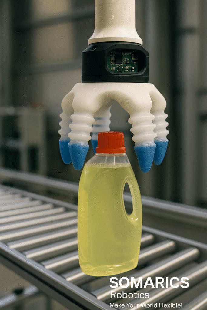 SOMARICS Robotics soft gripper with blue-tipped flexible fingers lifting a yellow detergent bottle from a conveyor in an industrial setting.