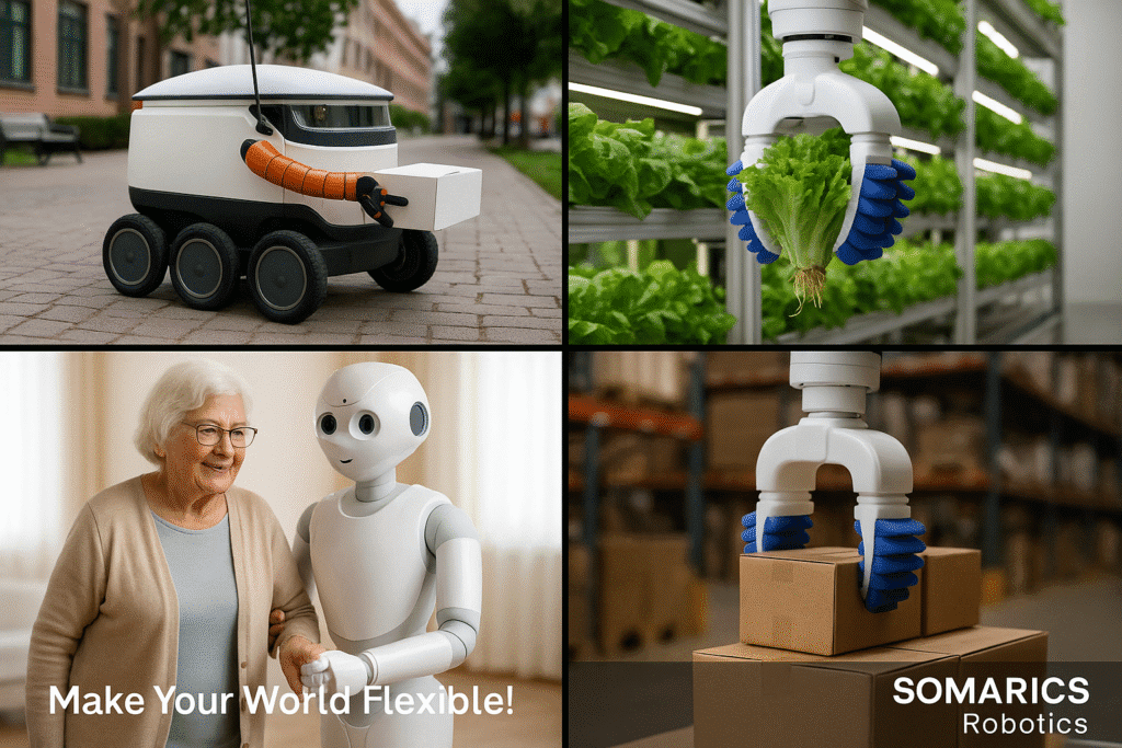 A four-panel collage depicting SOMARICS soft robotics in real-world urban applications: a six-wheeled autonomous delivery robot with a flexible gripper, a soft robotic gripper harvesting lettuce in a vertical farm, a humanoid robot assisting an elderly woman at home, and a soft robotic end-effector handling cardboard boxes in a warehouse. The SOMARICS Robotics logo and tagline "Make Your World Flexible!" appear on the image.