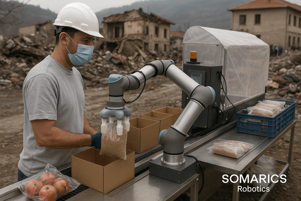 A SOMARICS soft robotic arm operates inside a modular relief station set up in a disaster-stricken area. The robot is gently sorting food supplies under a portable canopy, while local volunteers coordinate distribution. Dusty, damaged buildings are visible in the background, emphasizing the resilience and adaptability of the robotic system.