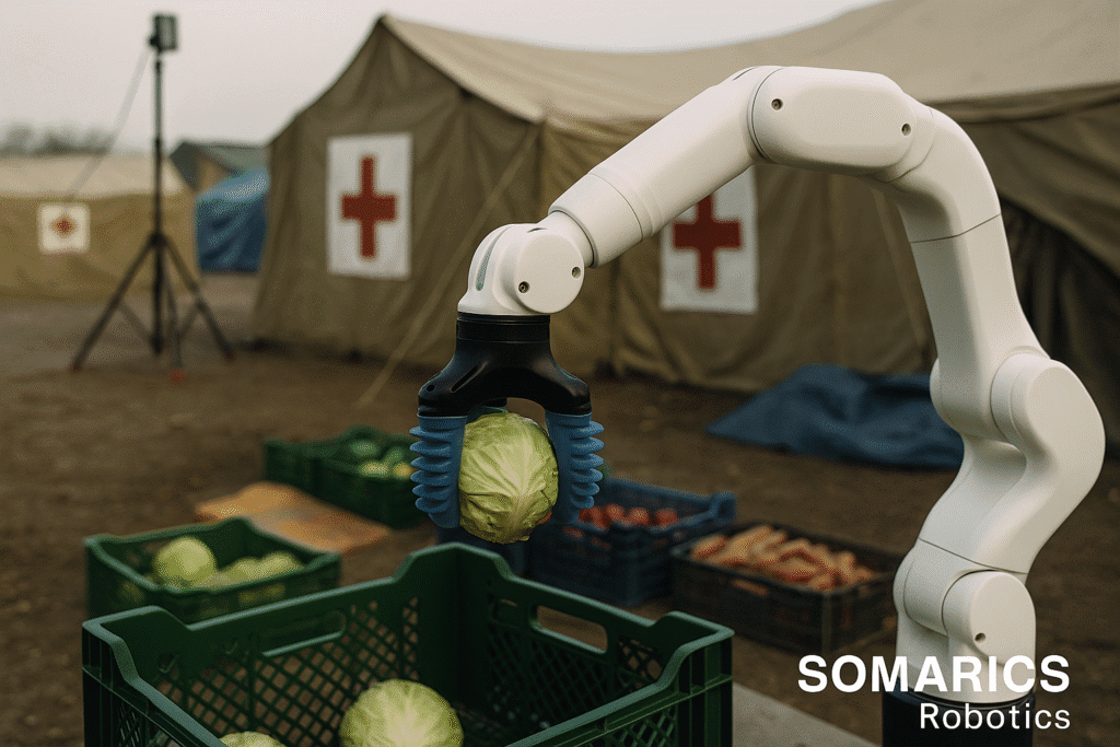 A SOMARICS soft robotic arm operates inside a modular relief station set up in a disaster-stricken area. The robot is gently sorting food supplies under a portable canopy, while local volunteers coordinate distribution. Dusty, damaged buildings are visible in the background, emphasizing the resilience and adaptability of the robotic system.