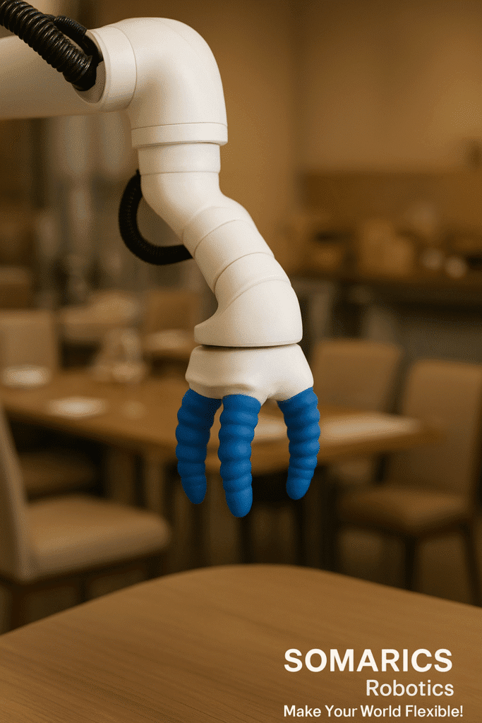 A robotic waiter equipped with a SOMARICS flexible soft arm carefully placing a tray on a dining table, surrounded by people, demonstrating adaptive motion and collision-free interaction.