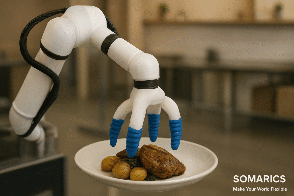 A SOMARICS soft robotic arm integrated into a mobile waiter robot serving beverages in a restaurant, demonstrating gentle interaction and human-safe motion in a real-world dining environment.