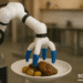 A SOMARICS soft robotic arm integrated into a mobile waiter robot serving beverages in a restaurant, demonstrating gentle interaction and human-safe motion in a real-world dining environment.