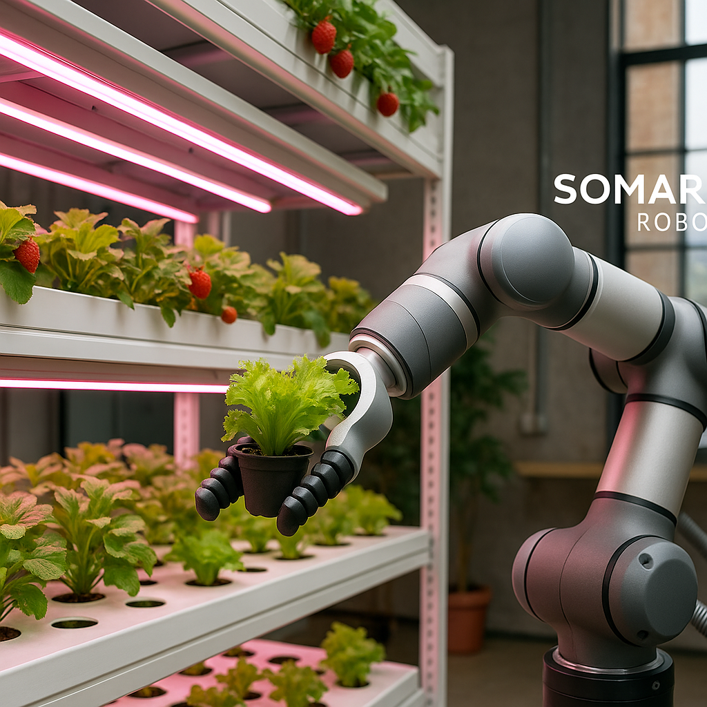 SOMARICS’ portable robotic package operating inside a rooftop agri-lab, sorting and packaging hydroponic vegetables for same-day delivery.
(Scalable solution for last-meter automation in smart cities.)