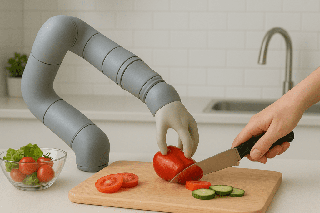 Soft robotic arm with a compliant gripper assisting a human during food preparation by gently holding a bell pepper on a kitchen cutting board.