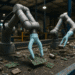 Soft robotic pneumatic arms sorting electronic components on an industrial e-waste recycling line with realistic machinery and lighting.