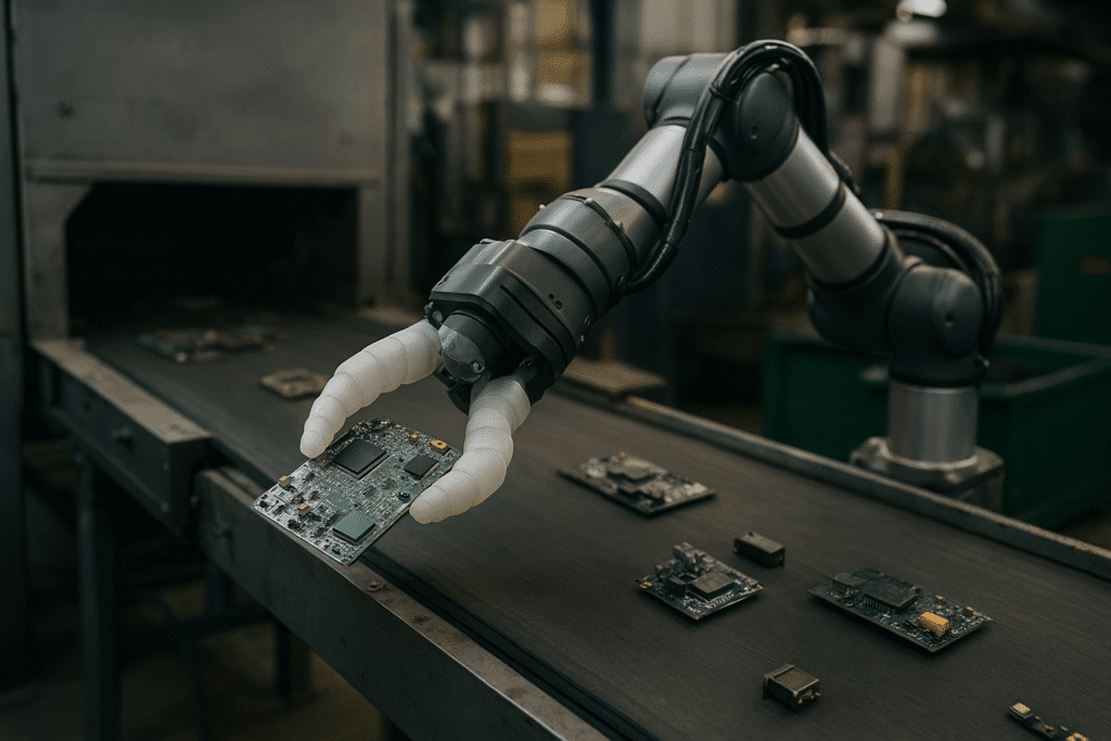Soft robotic arms with pneumatic silicone grippers separating hazardous electronic components on a modern recycling conveyor line inside an industrial facility.