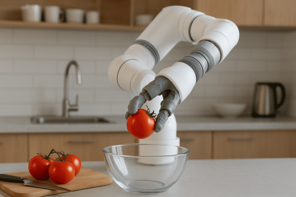 A soft robotic arm with a flexible gripper gently handling a tomato during a food preparation task in a modern home kitchen environment.