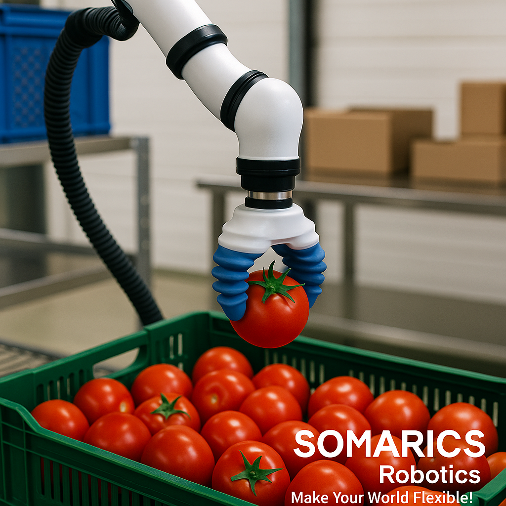 A SOMARICS soft robotic arm with blue pneumatic grippers gently lifts a ripe tomato from a green crate in an industrial food packaging facility, showcasing precision handling of fragile produce. The background features shelves and cardboard boxes, with the SOMARICS logo and tagline "Make Your World Flexible!" visible in the lower right corner.