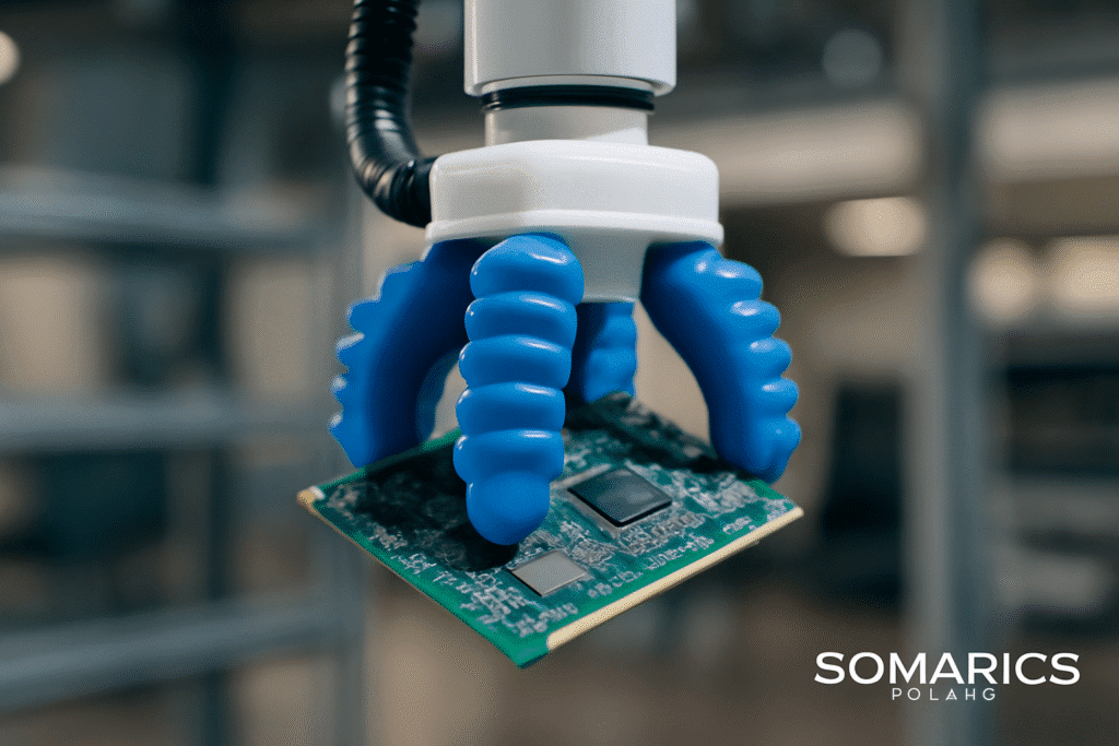 A close-up shot of a SOMARICS soft robotic gripper with blue, flexible fingers gently holding a green PCB (printed circuit board) in an industrial environment. The gripper's precision and adaptability are highlighted against a blurred background of metal shelves, with the SOMARICS logo displayed in the lower right corner.