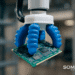A close-up shot of a SOMARICS soft robotic gripper with blue, flexible fingers gently holding a green PCB (printed circuit board) in an industrial environment. The gripper's precision and adaptability are highlighted against a blurred background of metal shelves, with the SOMARICS logo displayed in the lower right corner.
